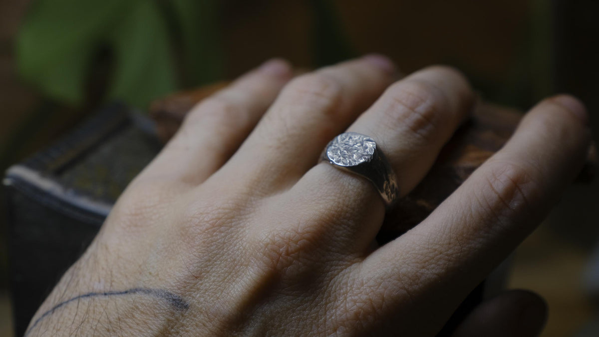 Round Rugged Chunky Hacked Gnarly Textured Signet Ring in Sterling Silver US Size 8