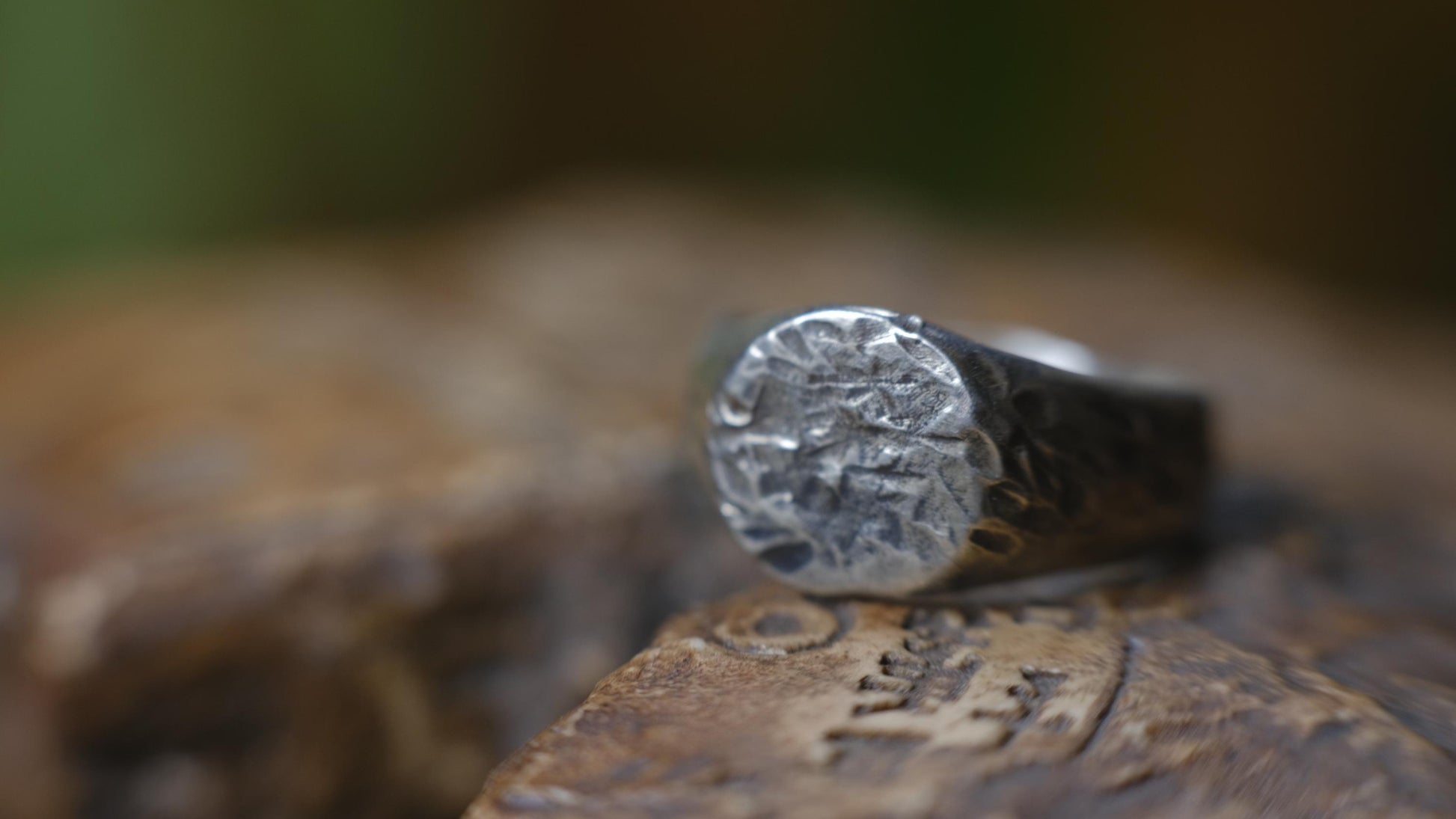 Round Rugged Chunky Hacked Gnarly Textured Signet Ring in Sterling Silver US Size 8