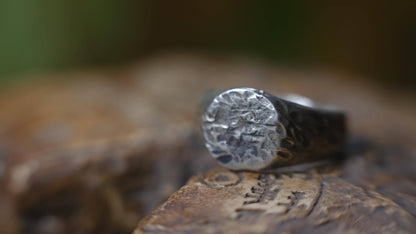 Rugged round sterling silver signet ring with handmade sand-cast texture