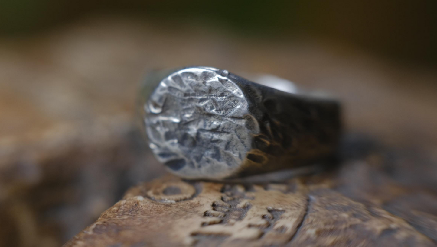 Round Rugged Chunky Hacked Gnarly Textured Signet Ring in Sterling Silver US Size 8