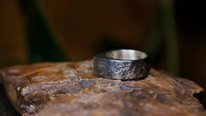 Rugged pointed sterling silver signet ring with handmade sand-cast texture