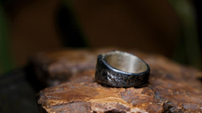 Rugged rectangular sterling silver signet ring with handmade sand-cast texture