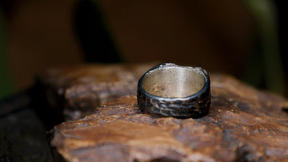 Rugged rectangular sterling silver signet ring with handmade sand-cast texture