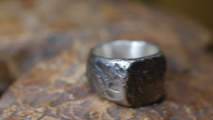 Rugged square sterling silver signet ring with handmade sand-cast texture
