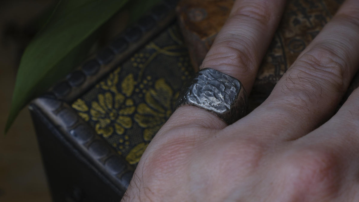 Rugged Chunky Hacked Gnarly Textured Signet Ring in Sterling Silver US Size 7