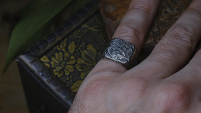 Rugged square sterling silver signet ring with handmade sand-cast texture