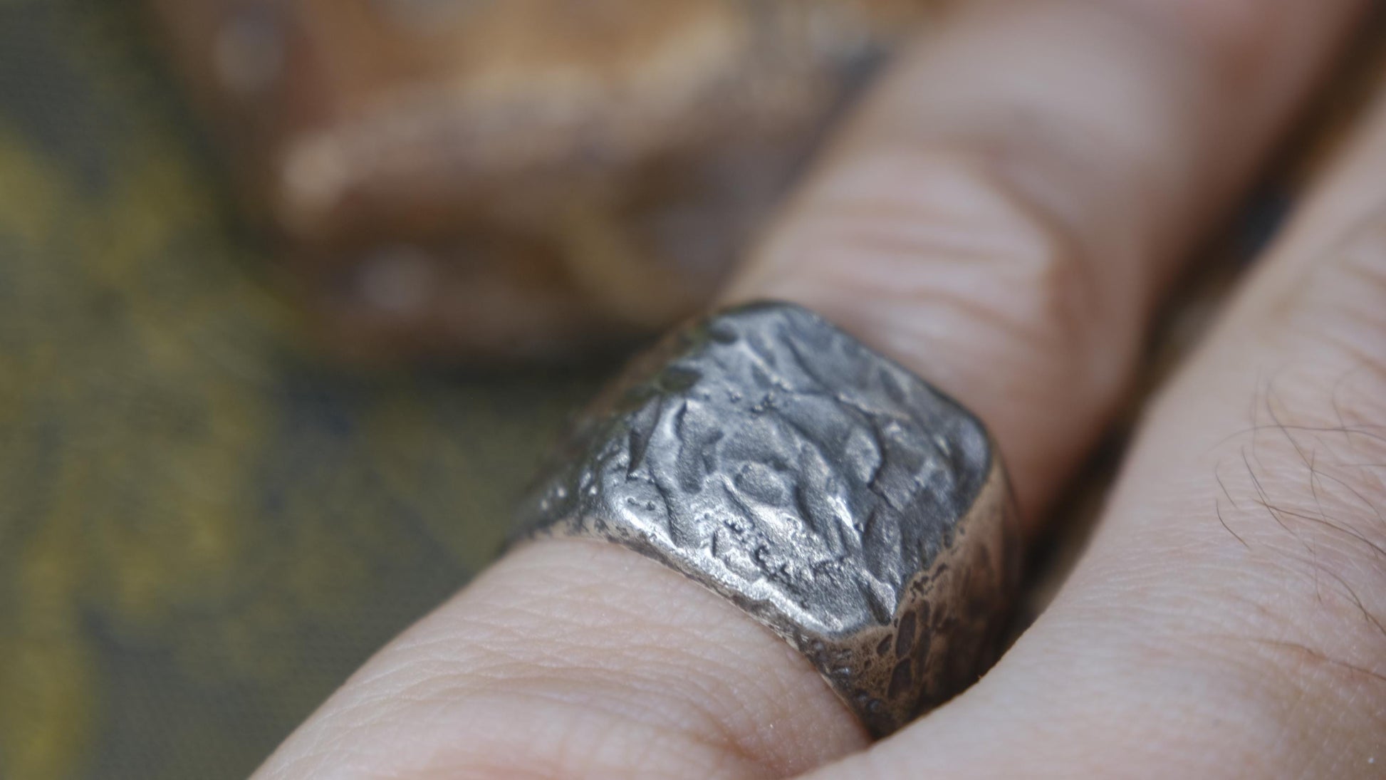 Rugged Chunky Hacked Gnarly Textured Signet Ring in Sterling Silver US Size 7