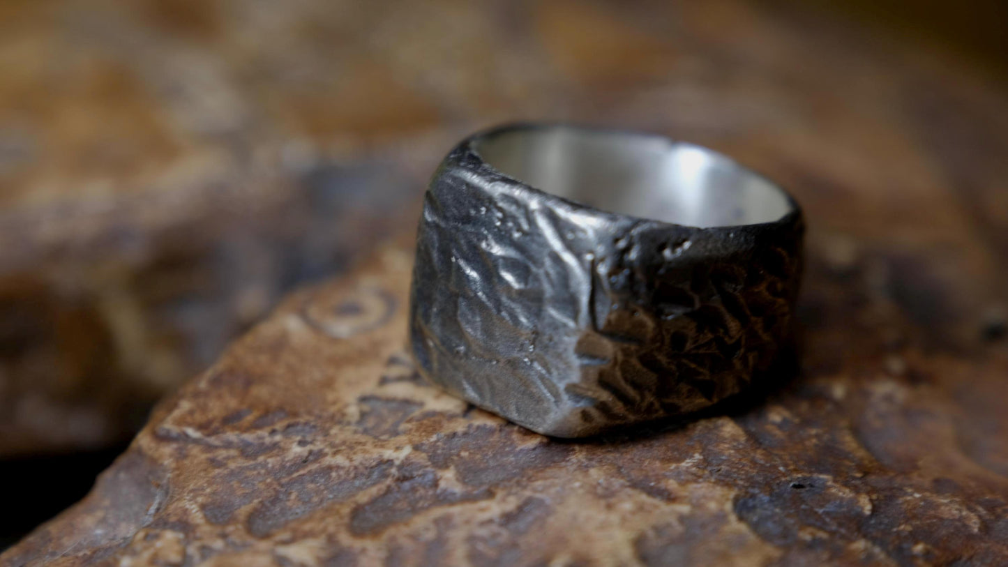 Rugged Chunky Hacked Gnarly Textured Signet Ring in Sterling Silver US Size 7