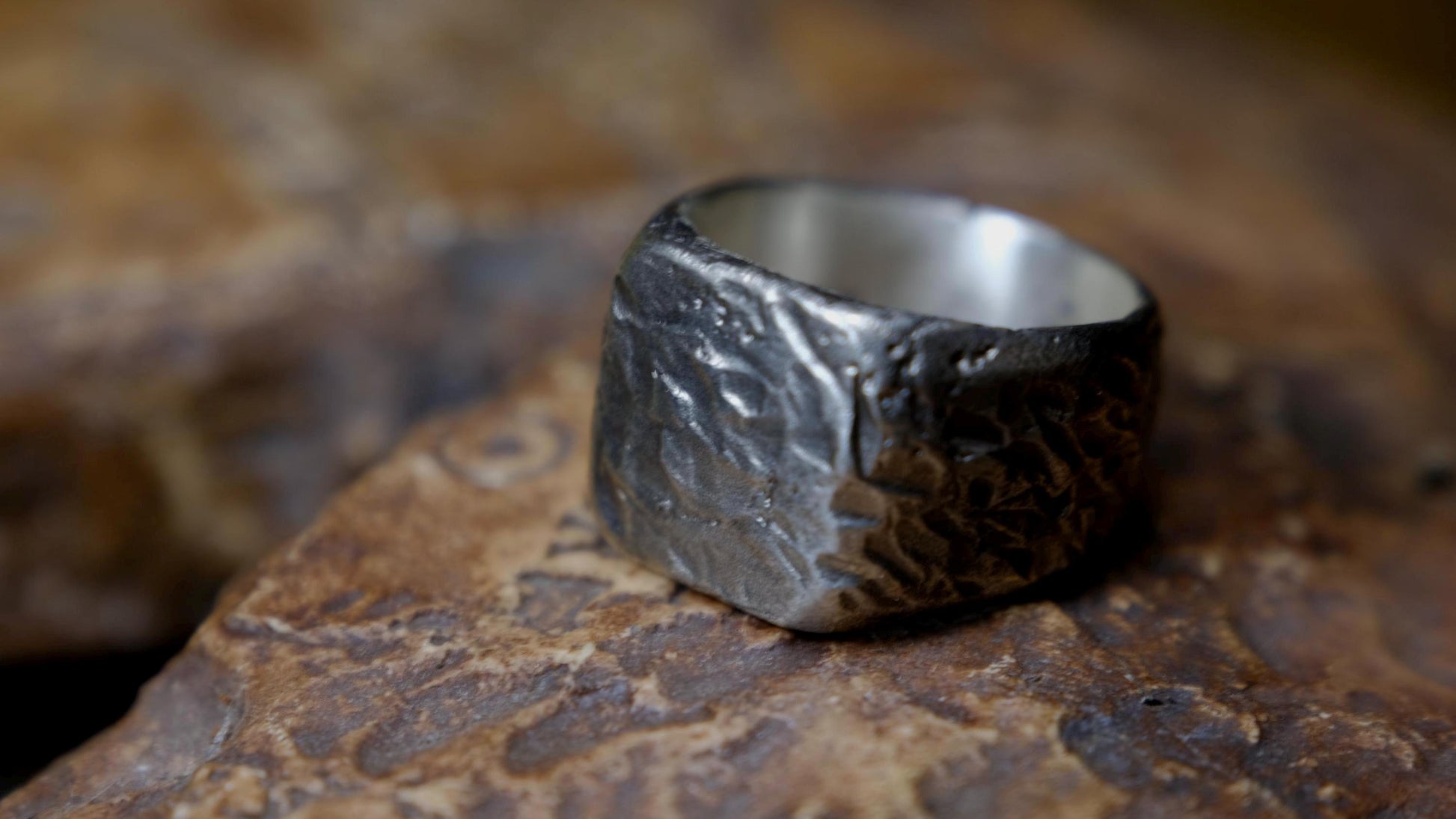 Rugged Chunky Hacked Gnarly Textured Signet Ring in Sterling Silver US Size 7