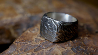 Rugged square sterling silver signet ring with handmade sand-cast texture