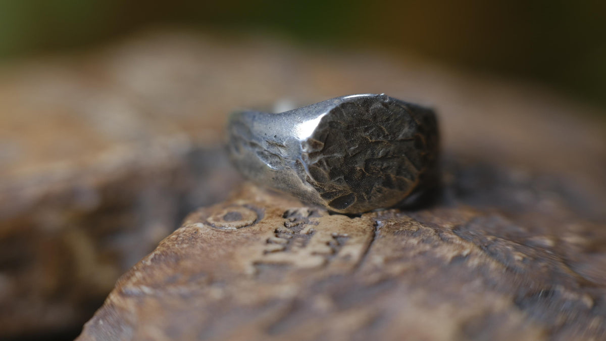 Round Rugged Chunky Hacked Gnarly Textured Signet Ring in Sterling Silver US Size 8