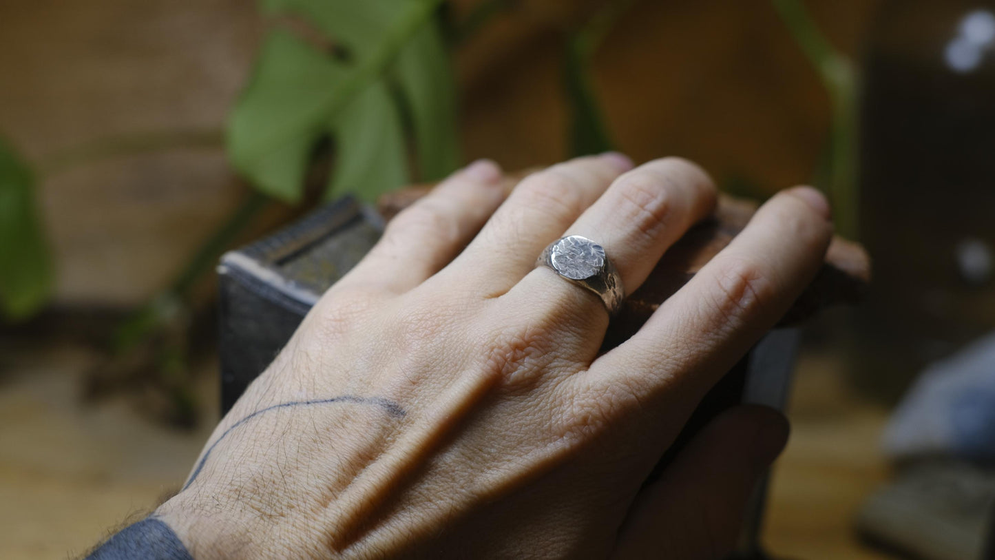 Round Rugged Chunky Hacked Gnarly Textured Signet Ring in Sterling Silver US Size 8