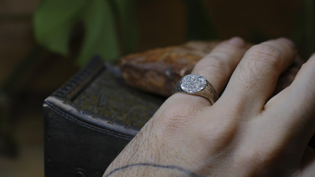 Round Rugged Chunky Hacked Gnarly Textured Signet Ring in Sterling Silver US Size 8