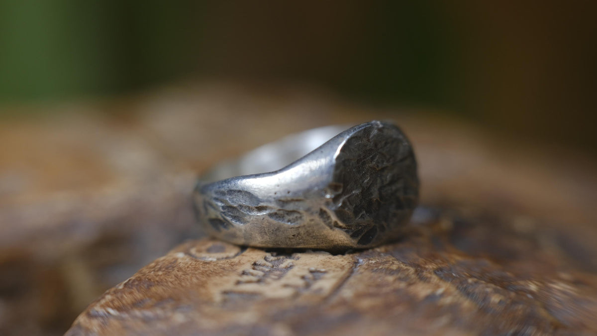 Round Rugged Chunky Hacked Gnarly Textured Signet Ring in Sterling Silver US Size 8