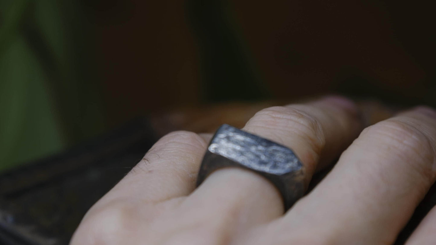 Pointed Rugged Chunky Gnarly Textured Signet Ring in Sterling Silver US Size 8