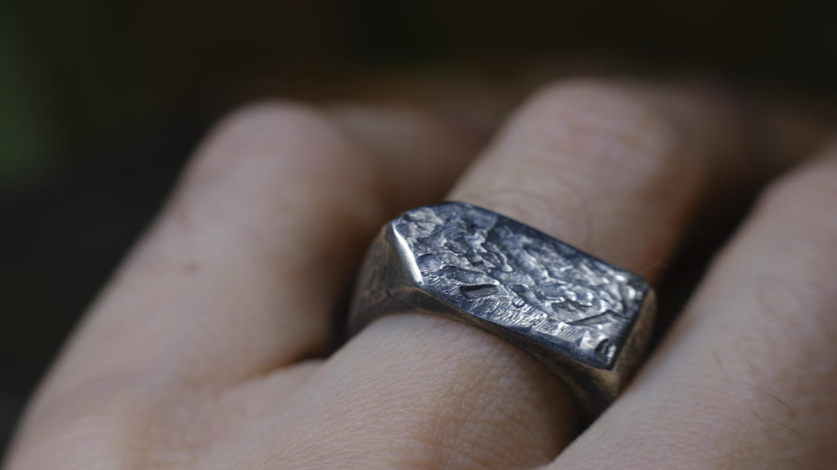 Pointed Rugged Chunky Gnarly Textured Signet Ring in Sterling Silver US Size 8