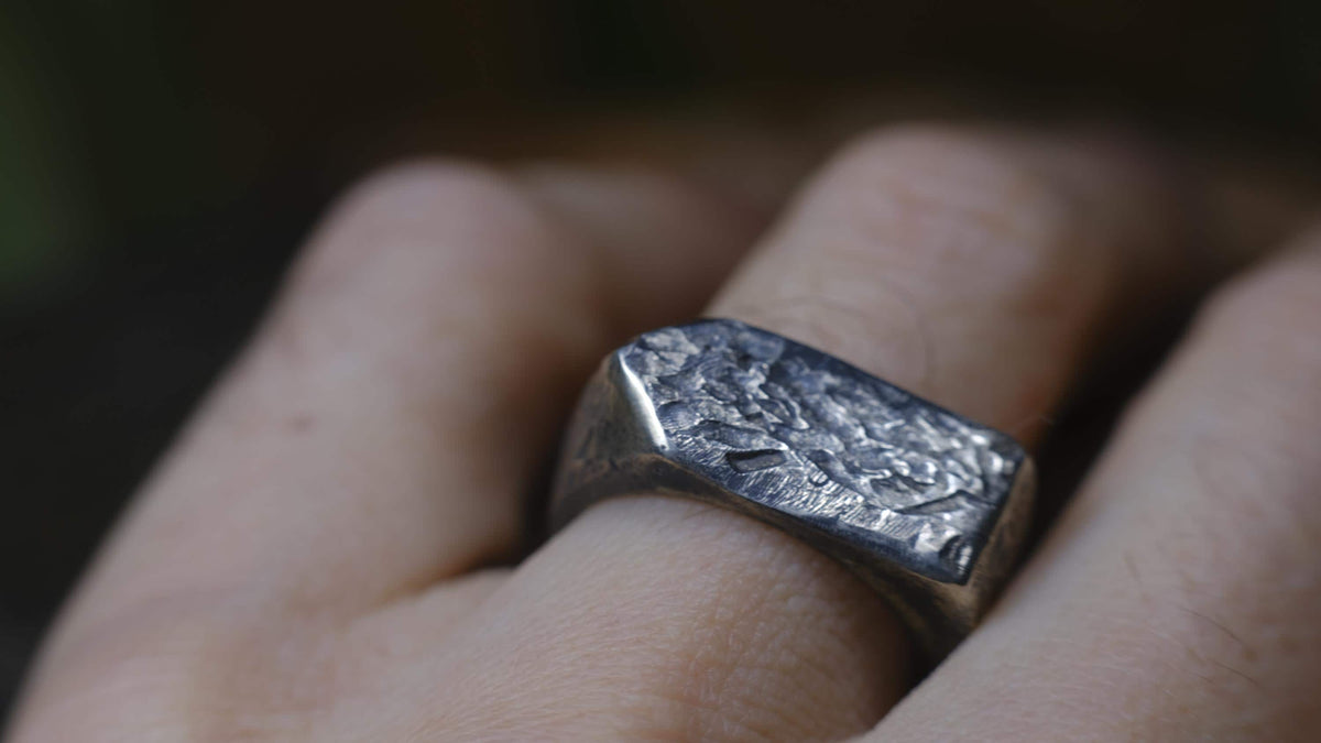 Rugged pointed sterling silver signet ring with handmade sand-cast texture