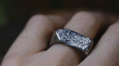 Rugged pointed sterling silver signet ring with handmade sand-cast texture