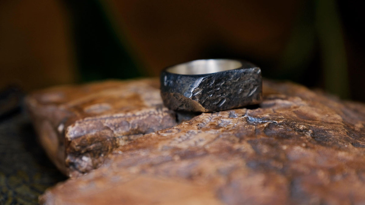 Pointed Rugged Chunky Gnarly Textured Signet Ring in Sterling Silver US Size 8