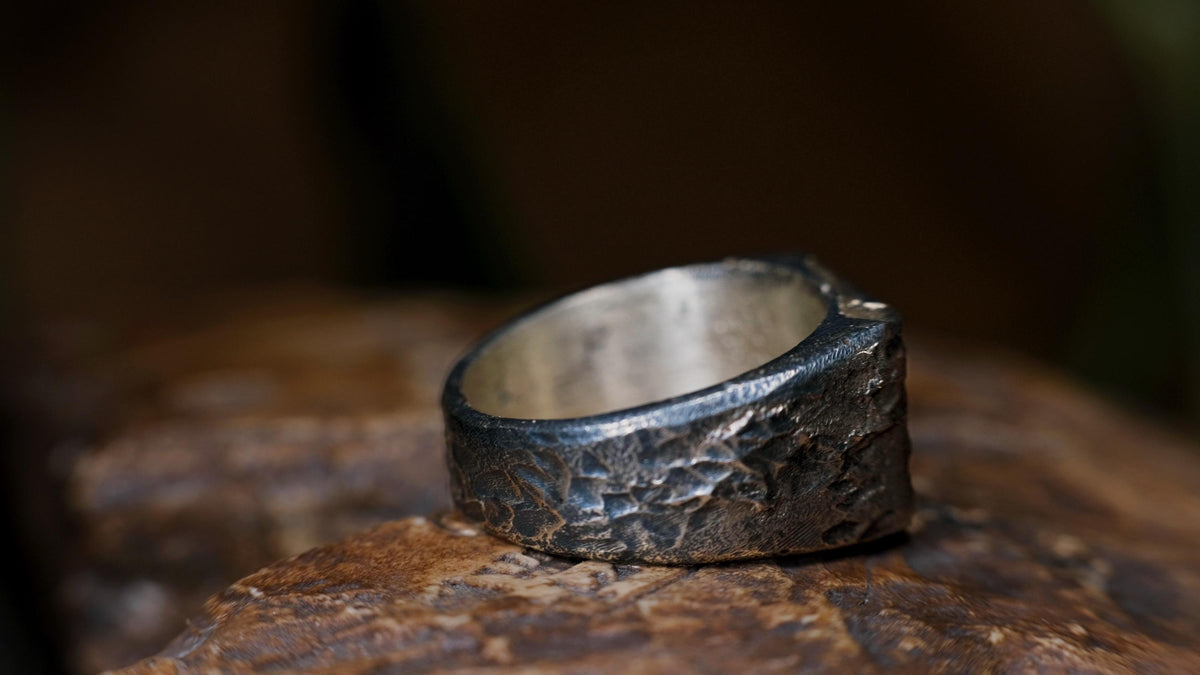 Rectangular Rugged Chunky Gnarly Textured Signet Ring in Sterling Silver US Size 10