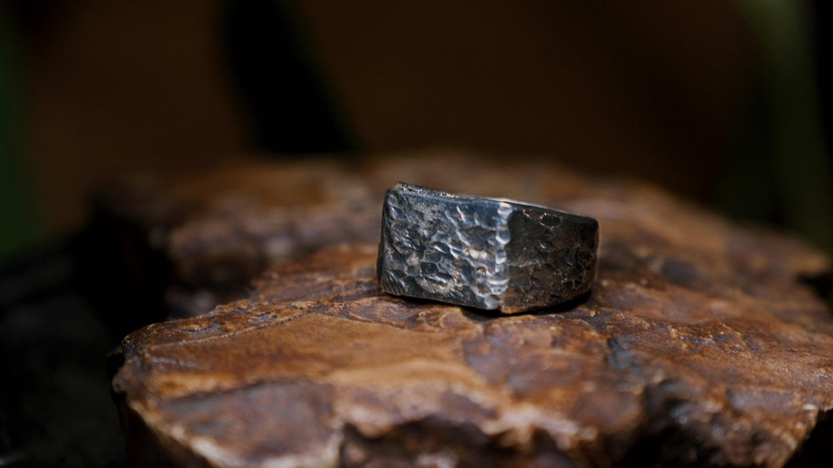 Rectangular Rugged Chunky Gnarly Textured Signet Ring in Sterling Silver US Size 10