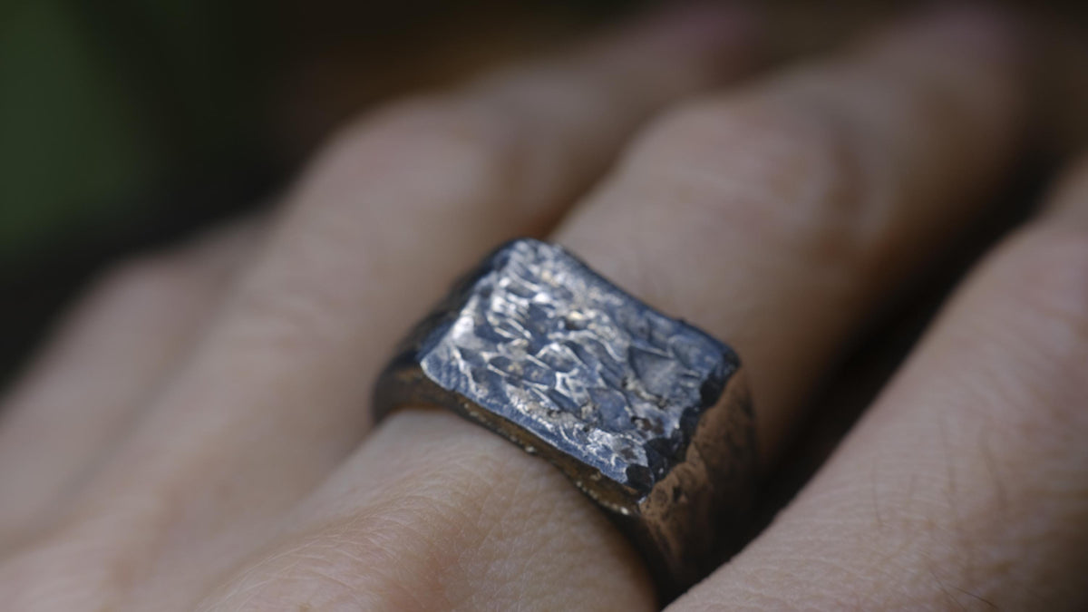 Rectangular Rugged Chunky Gnarly Textured Signet Ring in Sterling Silver US Size 10