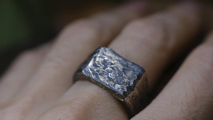 Rugged rectangular sterling silver signet ring with handmade sand-cast texture