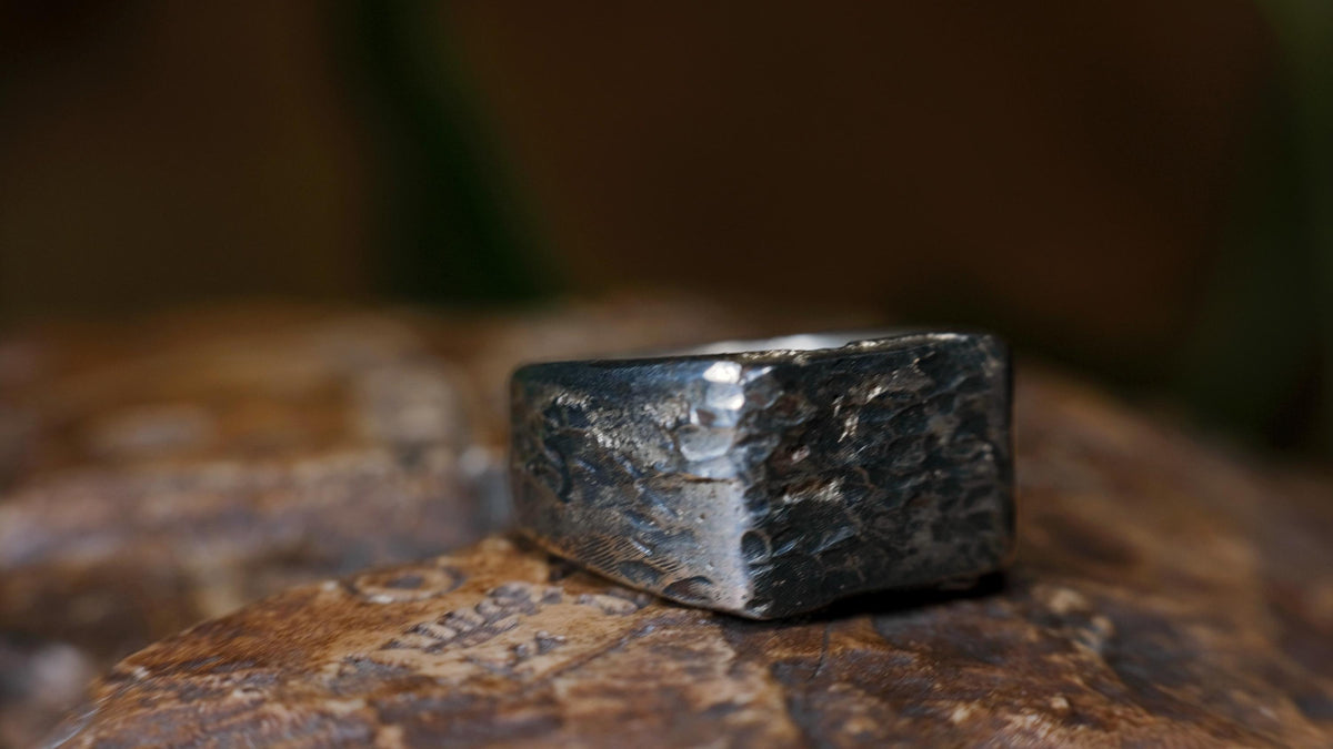 Rectangular Rugged Chunky Gnarly Textured Signet Ring in Sterling Silver US Size 10