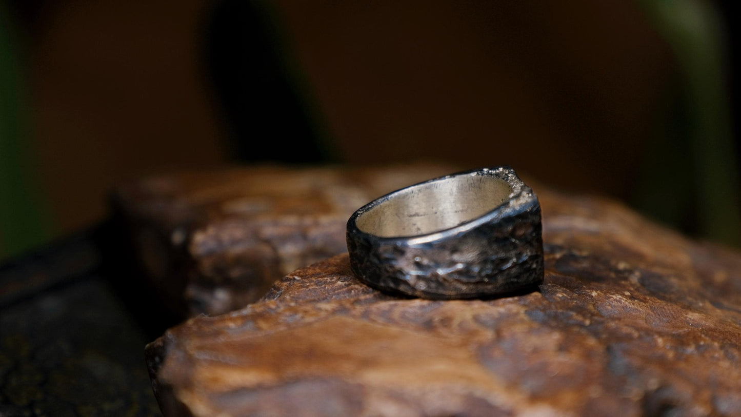 Rectangular Rugged Chunky Gnarly Textured Signet Ring in Sterling Silver US Size 10