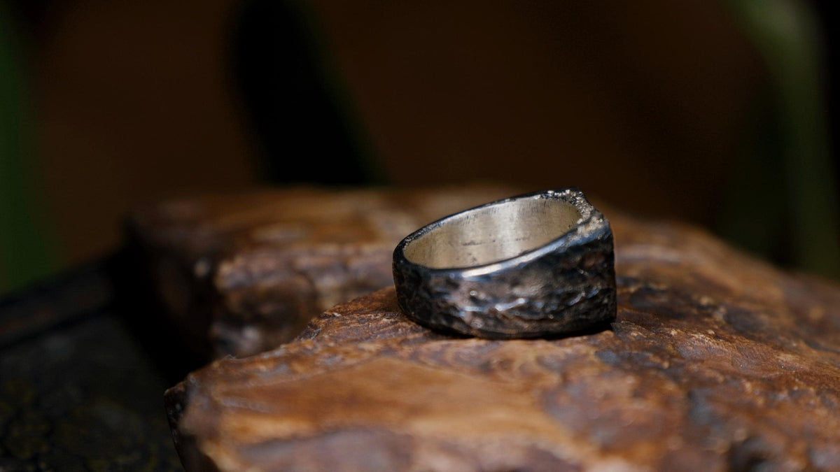 Rectangular Rugged Chunky Gnarly Textured Signet Ring in Sterling Silver US Size 10