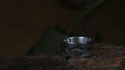 The Ridge wide sterling silver ring with mountain-inspired textured oxidised centre