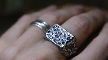 Metatron's Cube sterling silver ring with oxidised sacred geometry design