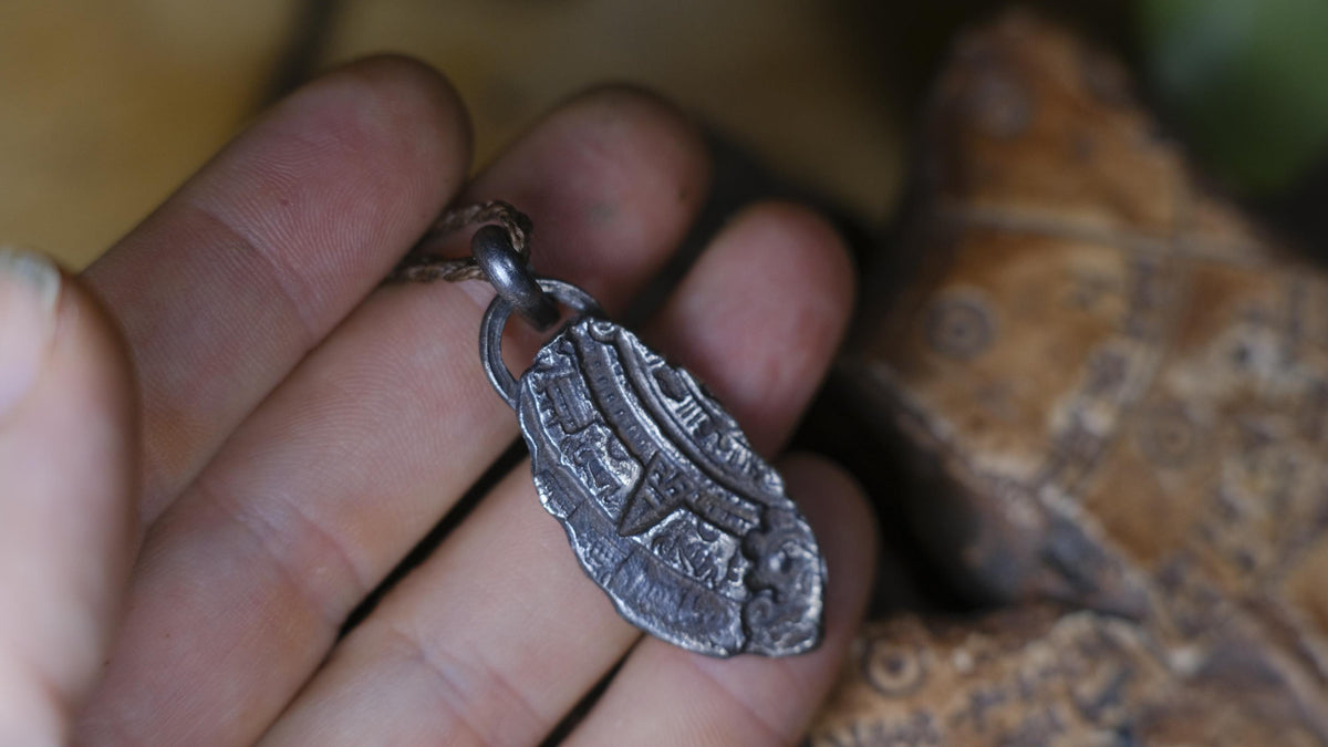 Mayan Temple Relic Talisman Pendant in Sterling Silver on Adjustable Necklace