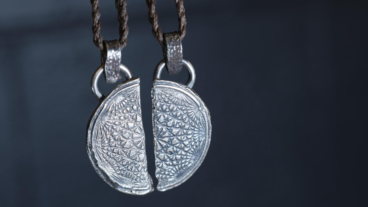 Pair of Temple Relic Amulets ~ Rustic Textured Silver Sacred Geometry Pendants