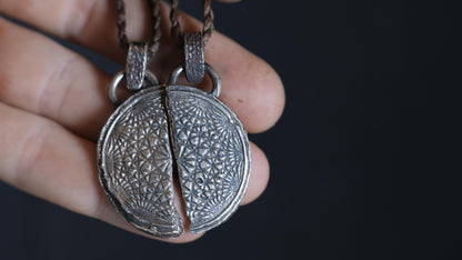 Pair of Temple Relic Amulets ~ Rustic Textured Silver Sacred Geometry Pendants