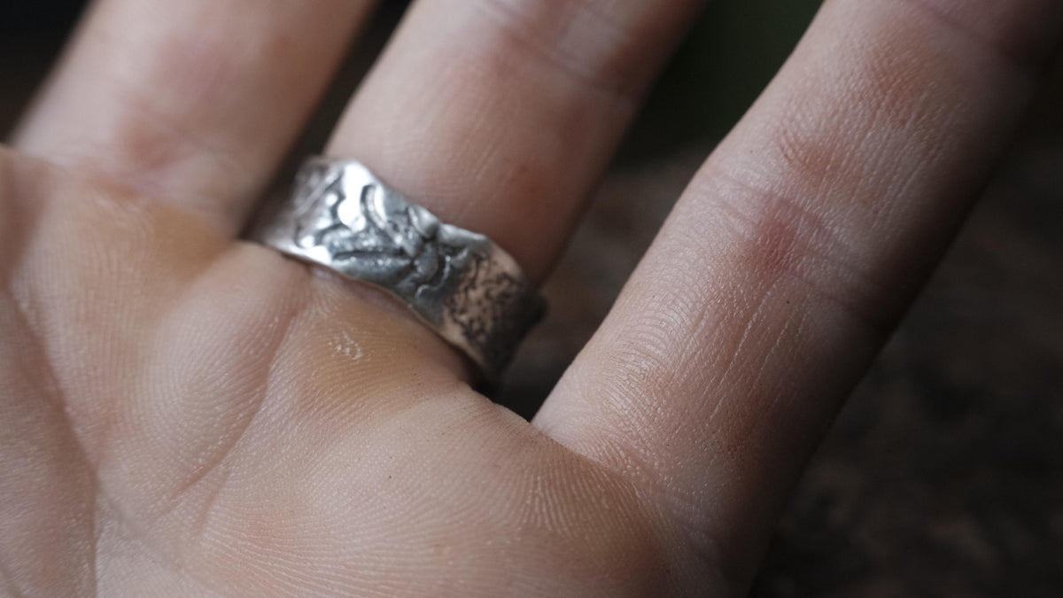 Blue Australian boulder opal ring in pirate-inspired textured sterling silver, size 7