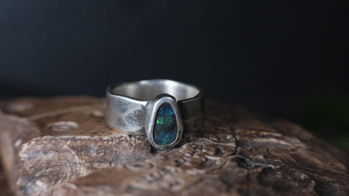 Handcrafted Sterling SIlver Ring with Australian Boulder Opal US Size 7.5