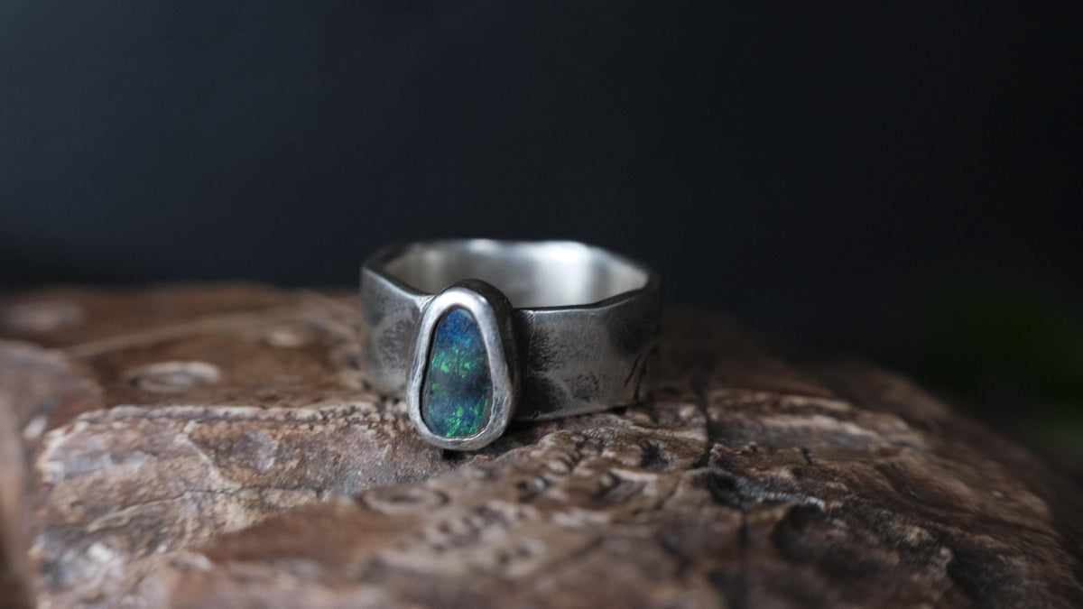 Handcrafted Sterling SIlver Ring with Australian Boulder Opal US Size 7.5