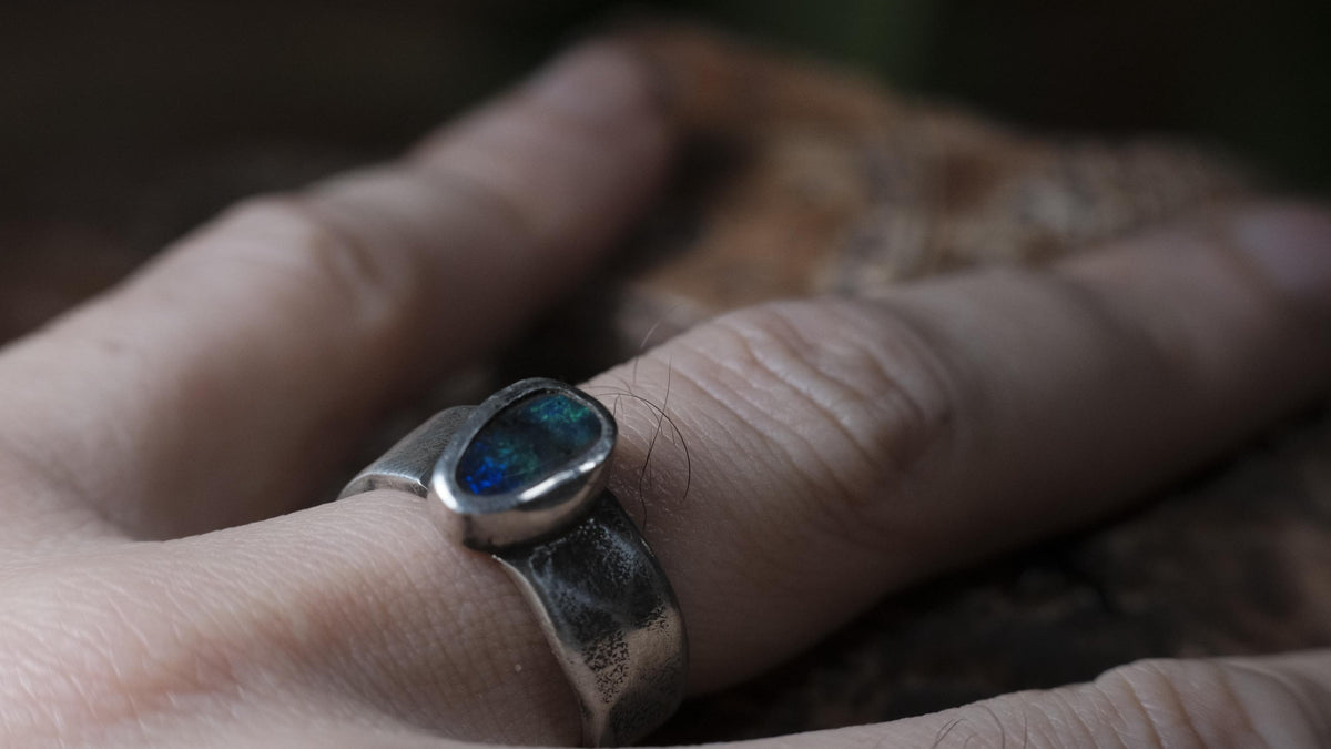 Handcrafted Sterling SIlver Ring with Australian Boulder Opal US Size 7.5