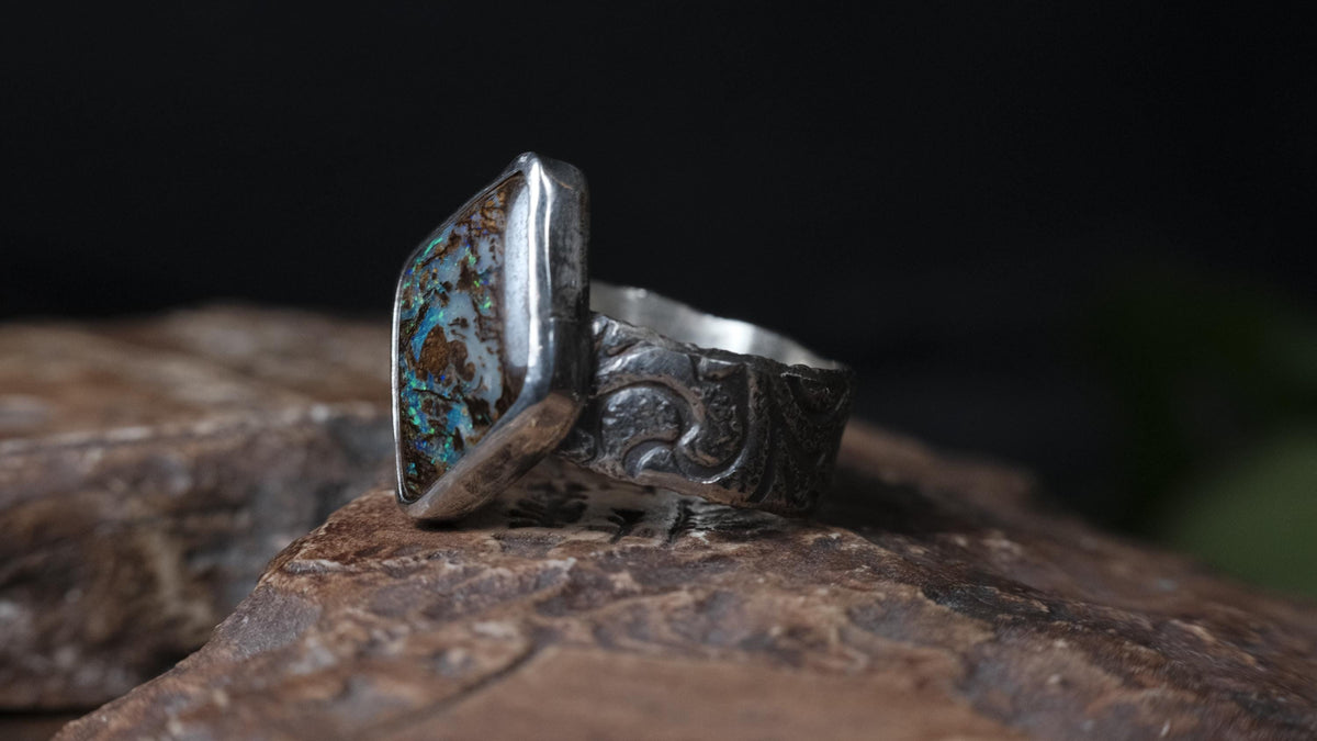 Wood Fossil Opal Ring In A Pirate Style Band US Size 10.5