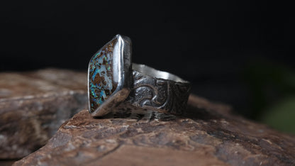Wood Fossil Opal Ring In A Pirate Style Band US Size 10.5