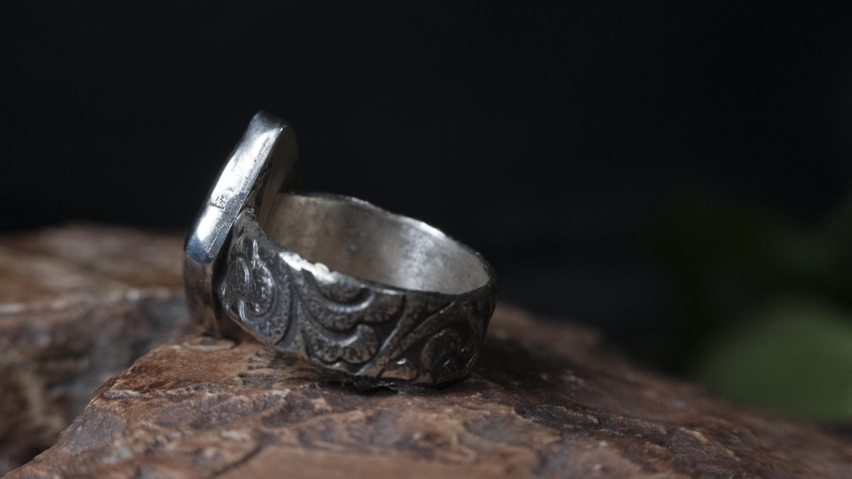 Wood Fossil Opal Ring In A Pirate Style Band US Size 10.5