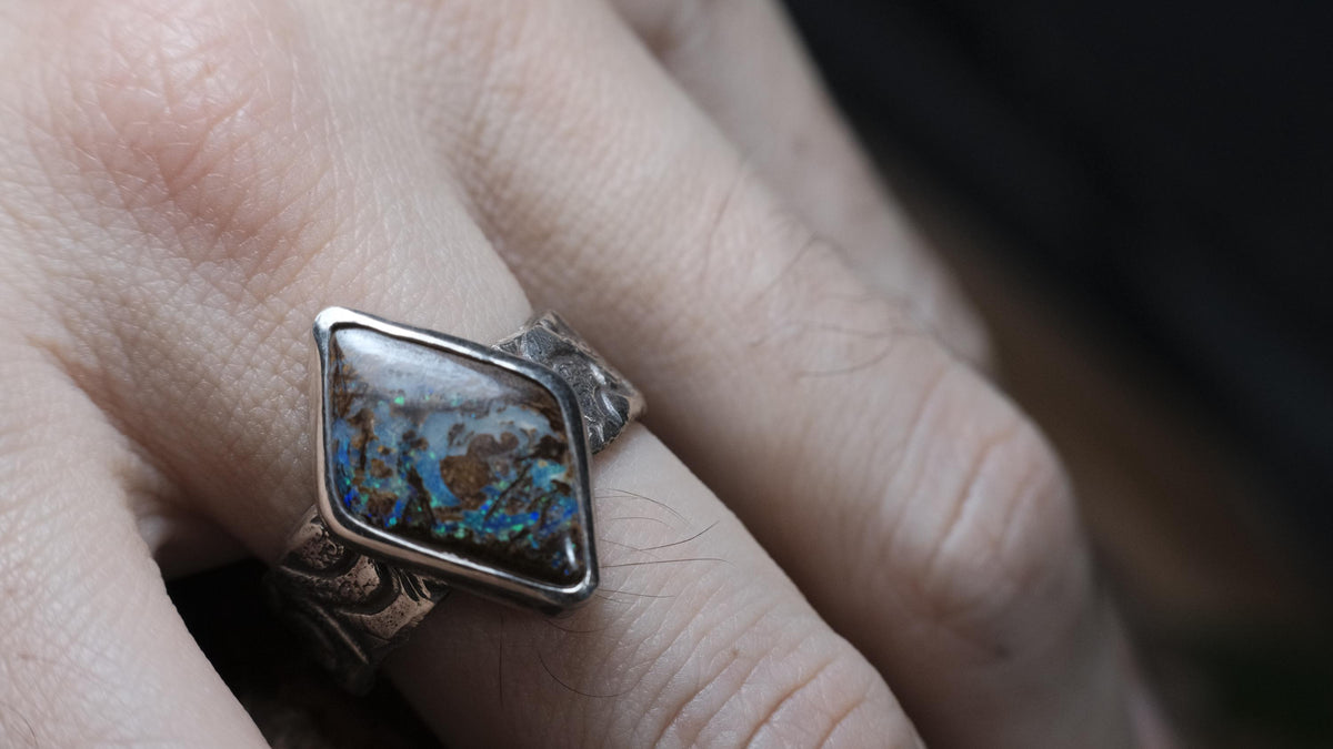 Wood Fossil Opal Ring In A Pirate Style Band US Size 10.5