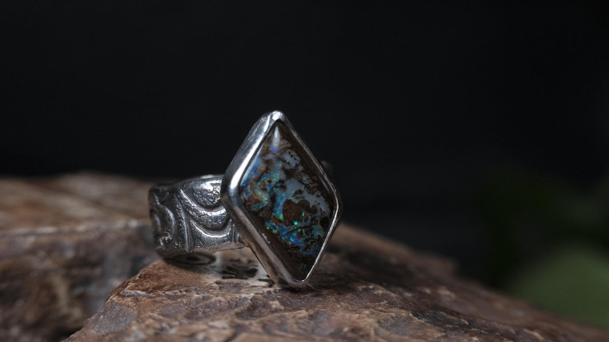 Wood Fossil Opal Ring In A Pirate Style Band US Size 10.5
