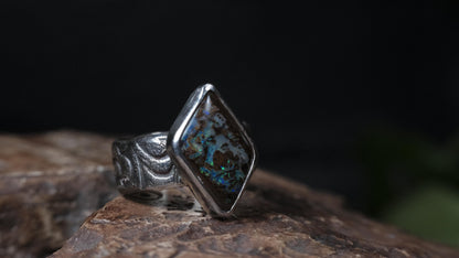 Wood Fossil Opal Ring In A Pirate Style Band US Size 10.5