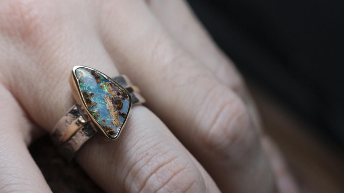 Australian Yowah opalised wood fossil ring in 9ct gold and textured sterling silver, size 9