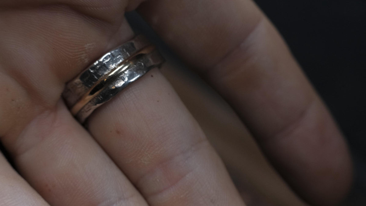 Australian Yowah opalised wood fossil ring in 9ct gold and textured sterling silver, size 9