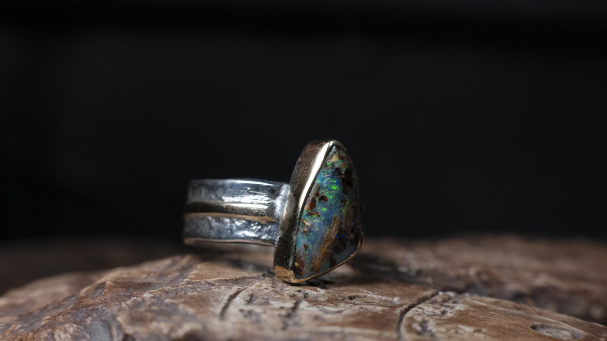 Australian Yowah opalised wood fossil ring in 9ct gold and textured sterling silver, size 9