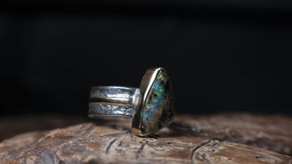 Australian Yowah opalised wood fossil ring in 9ct gold and textured sterling silver, size 9