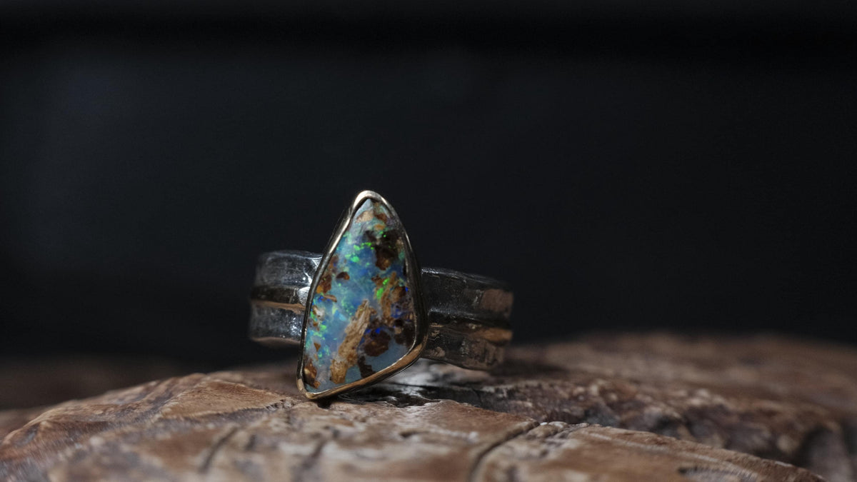 Australian Yowah opalised wood fossil ring in 9ct gold and textured sterling silver, size 9